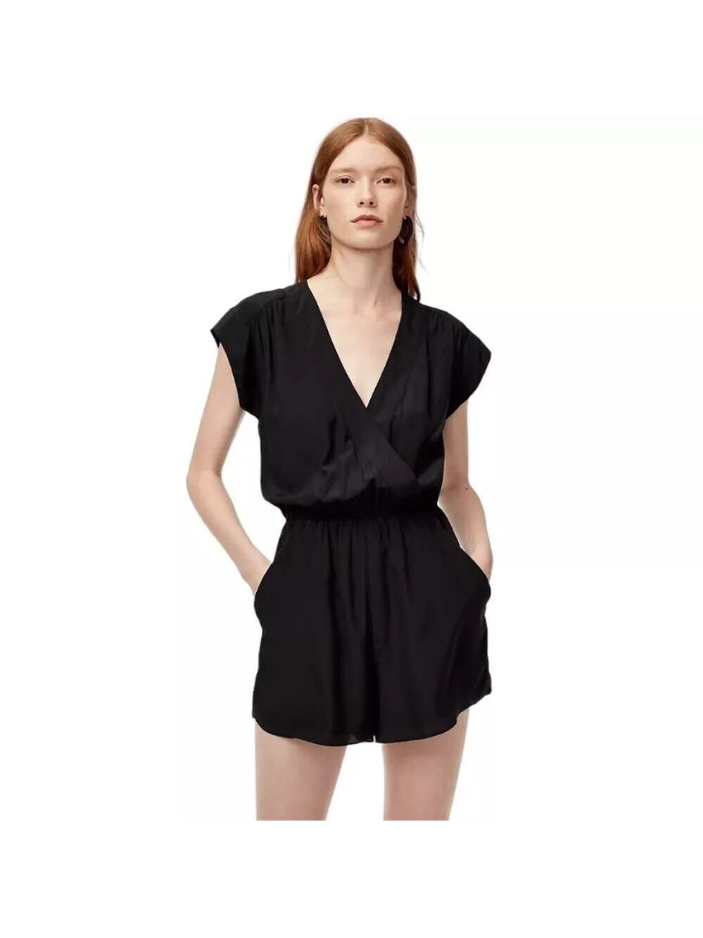 Aritzia Babaton Corbett 100% Silk Short Sleeve Romper in Black Sz Small